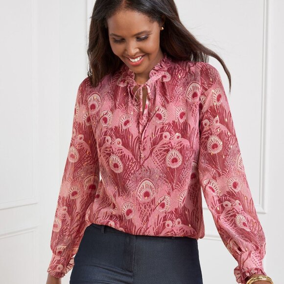 Talbots 1X Ruffle Tie Neck Popover Blouse Top Pink Peacock Feathers Sheer Sleeve - Picture 2 of 13